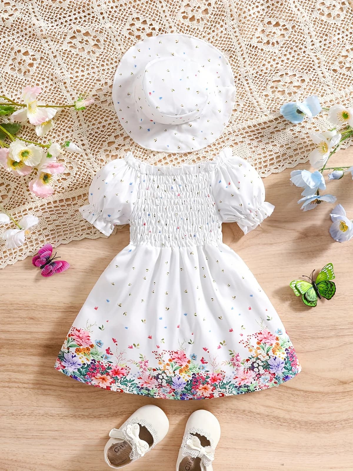 Askani Group Bacchon Ke Stylish Frock 0-3 Years Old Two-Piece Retro Floral Pattern Puff Sleeve Casual Princess Dress + Hat