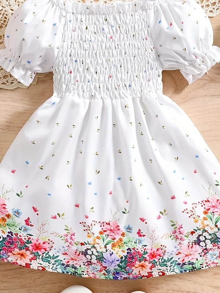 Askani Group Bacchon Ke Stylish Frock 0-3 Years Old Two-Piece Retro Floral Pattern Puff Sleeve Casual Princess Dress + Hat